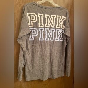 VS PINK LongSleeve V Neck Campus Pocket Tee Shirt Sz-M Grey Cotton LOGO